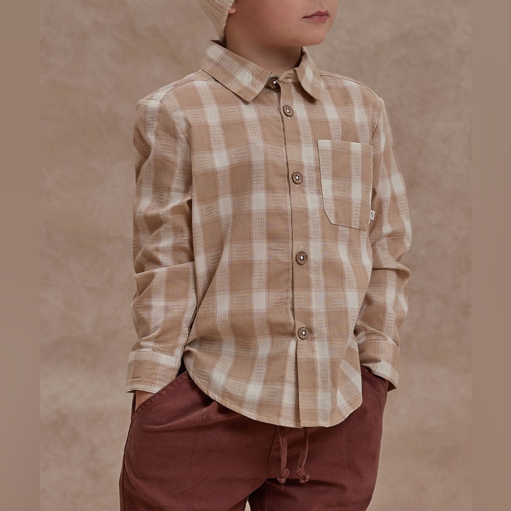 Rylee + Cru Collared Long Sleeve Shirt In Putty Plaid Button-Up Size 4-5 Years